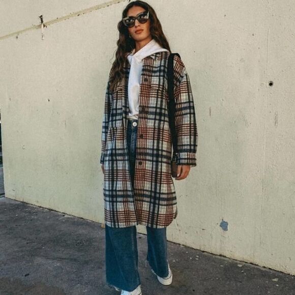 ZARA Long Plaid Jacket Overshirt Coat Bloggers - Picture 5 of 13